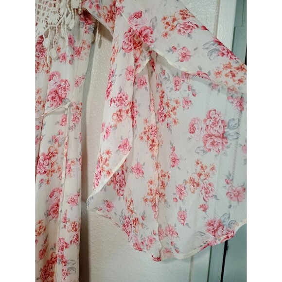 Womens Boho Chic Style Top Pink Floral With Split Sleeves And Drawstring Size S - Picture 6 of 6